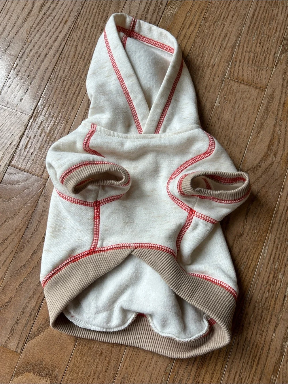 Dog Cream Hoodie with Tan Pocket and Coral Stitching